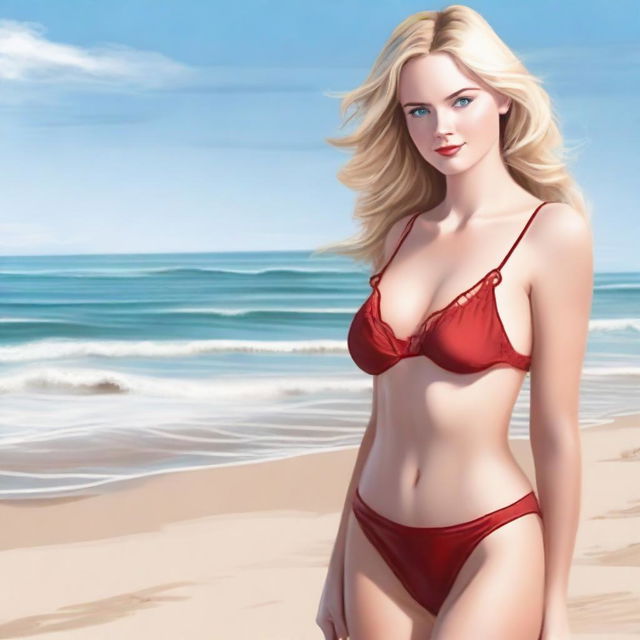 Create a realistic drawing of a person with blonde hair and blue eyes wearing red lingerie, standing on the beach