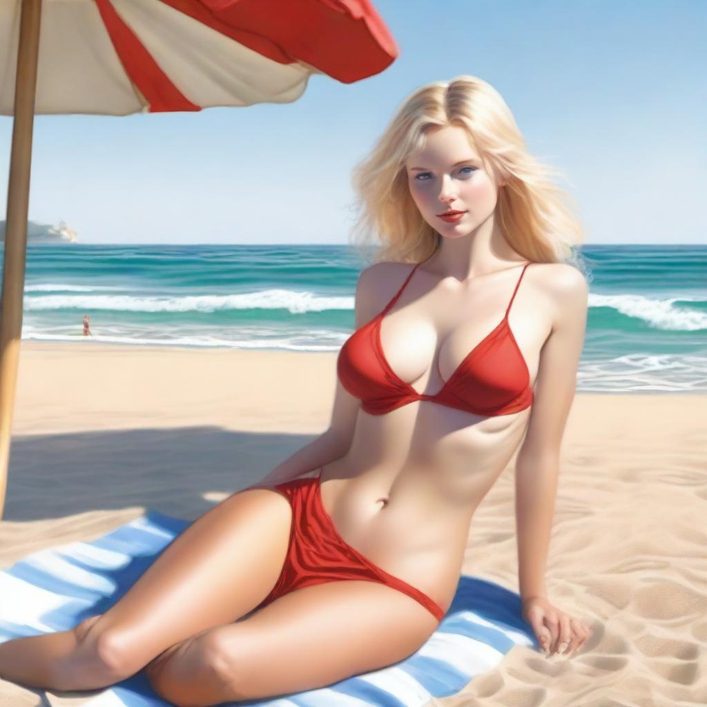 A realistic depiction of a person with blonde hair and blue eyes, wearing red lingerie, sunbathing on the beach