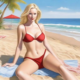 A realistic depiction of a person with blonde hair and blue eyes, wearing red lingerie, sunbathing on the beach