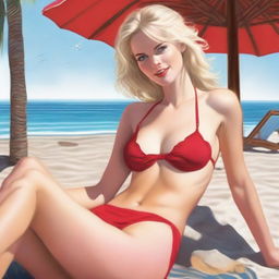 A realistic depiction of a person with blonde hair and blue eyes, wearing red lingerie, sunbathing on the beach