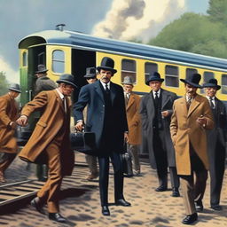 A detailed illustration of the Great Train Robbery of 1963, showing a vintage train being held up by a group of robbers in 1960s attire