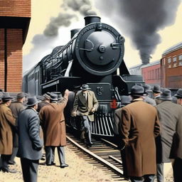 A detailed illustration of the Great Train Robbery of 1963, showing a vintage train being held up by a group of robbers in 1960s attire