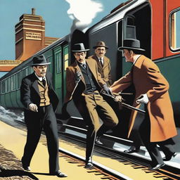 A detailed illustration of the Great Train Robbery of 1963, showing a vintage train being held up by a group of robbers in 1960s attire