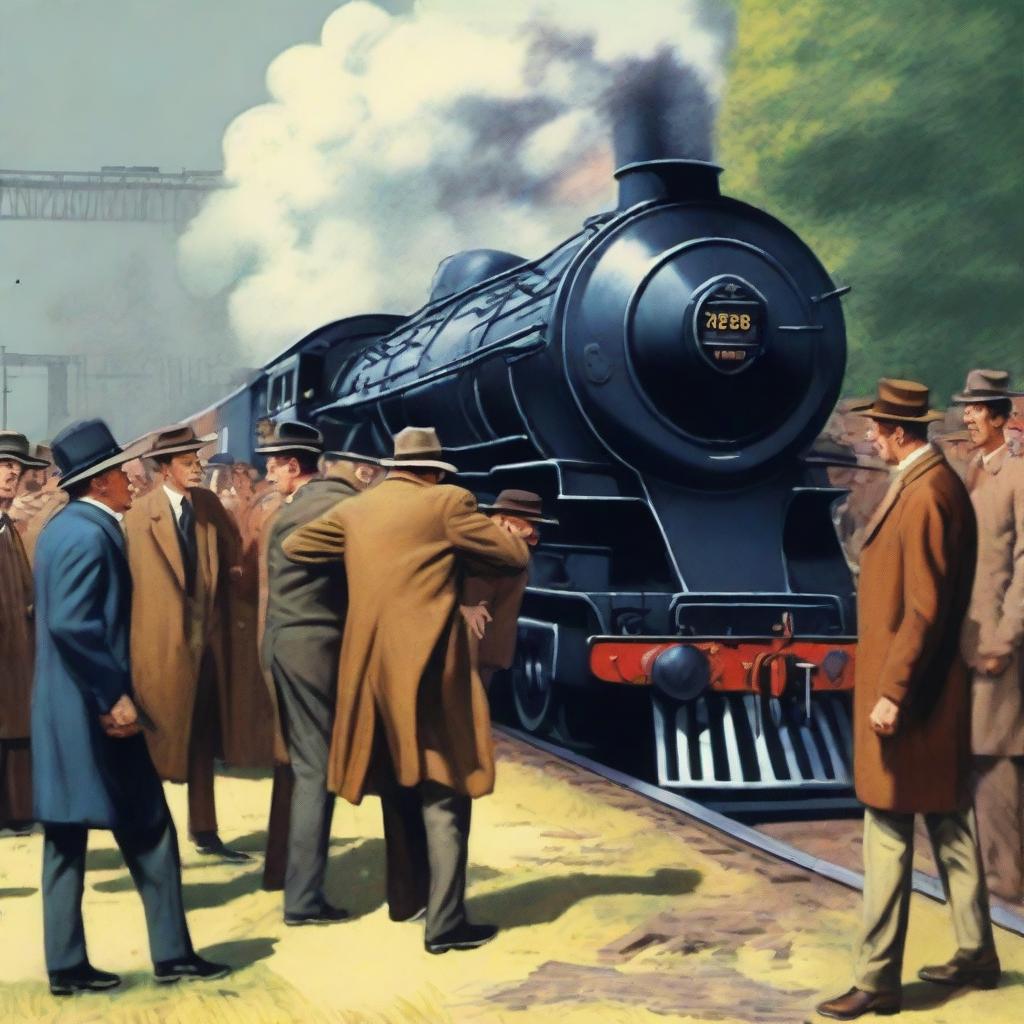 A detailed illustration of the Great Train Robbery of 1963, showing a vintage train being held up by a group of robbers in 1960s attire