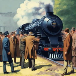 A detailed illustration of the Great Train Robbery of 1963, showing a vintage train being held up by a group of robbers in 1960s attire