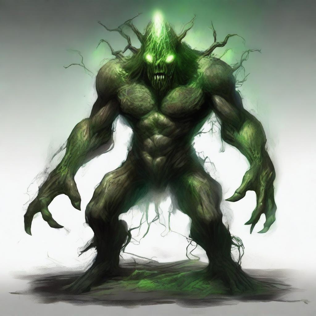 A full-body image of a human-shaped earth elemental monster with green eyes