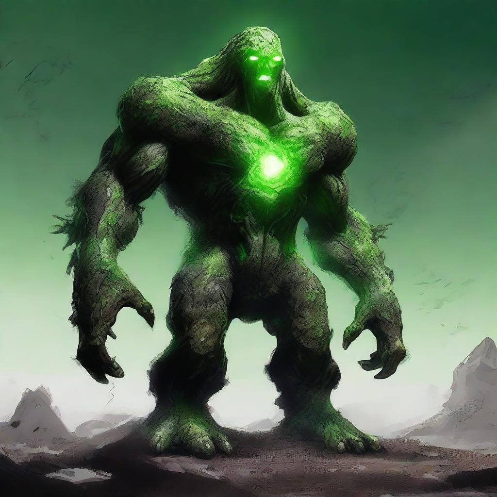 A full-body image of a human-shaped earth elemental monster with green eyes, made of bedrock