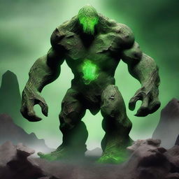 A full-body image of a human-shaped earth elemental monster with green eyes, made of bedrock