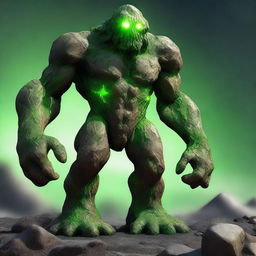 A full-body image of a human-shaped earth elemental monster with green eyes, made of bedrock