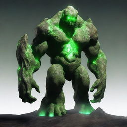 A full-body image of a human-shaped earth elemental monster with green eyes, made of bedrock