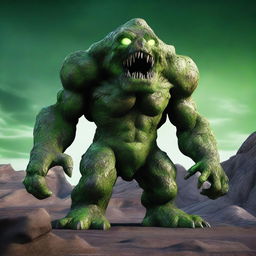 A full-body image of a human-sized earth elemental monster with green eyes, made of bedrock