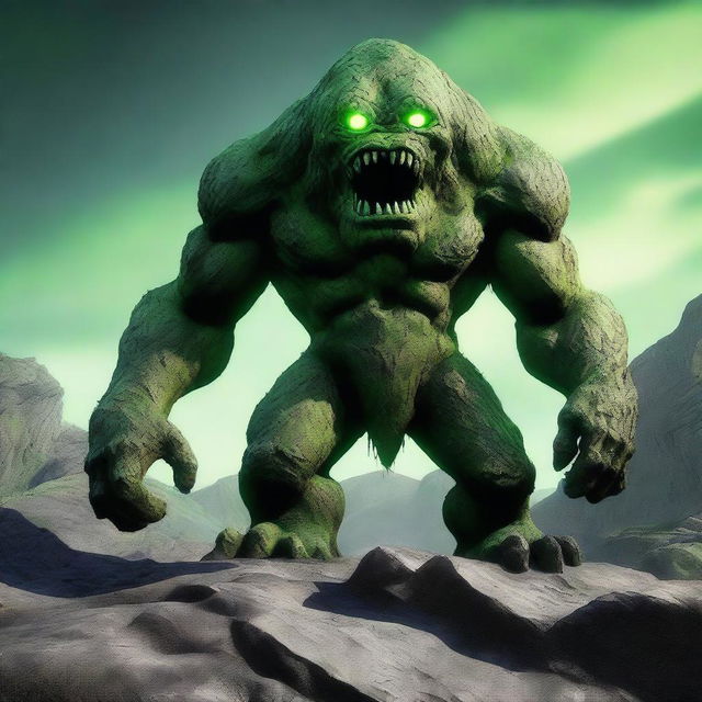 A full-body image of a human-sized earth elemental monster with green eyes, made of bedrock