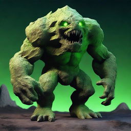 A full-body image of a human-sized earth elemental monster with green eyes, made of bedrock