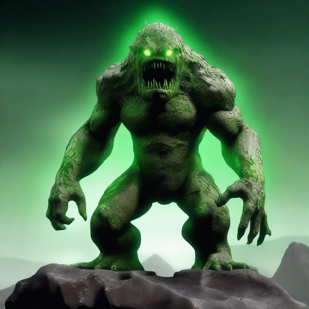 A full-body image of a human-shaped earth elemental with green eyes, made of bedrock