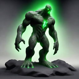 A full-body image of a human-shaped earth elemental made of bedrock with green eyes