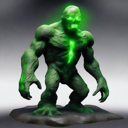 A full-body image of a human-shaped earth elemental made of bedrock with green eyes