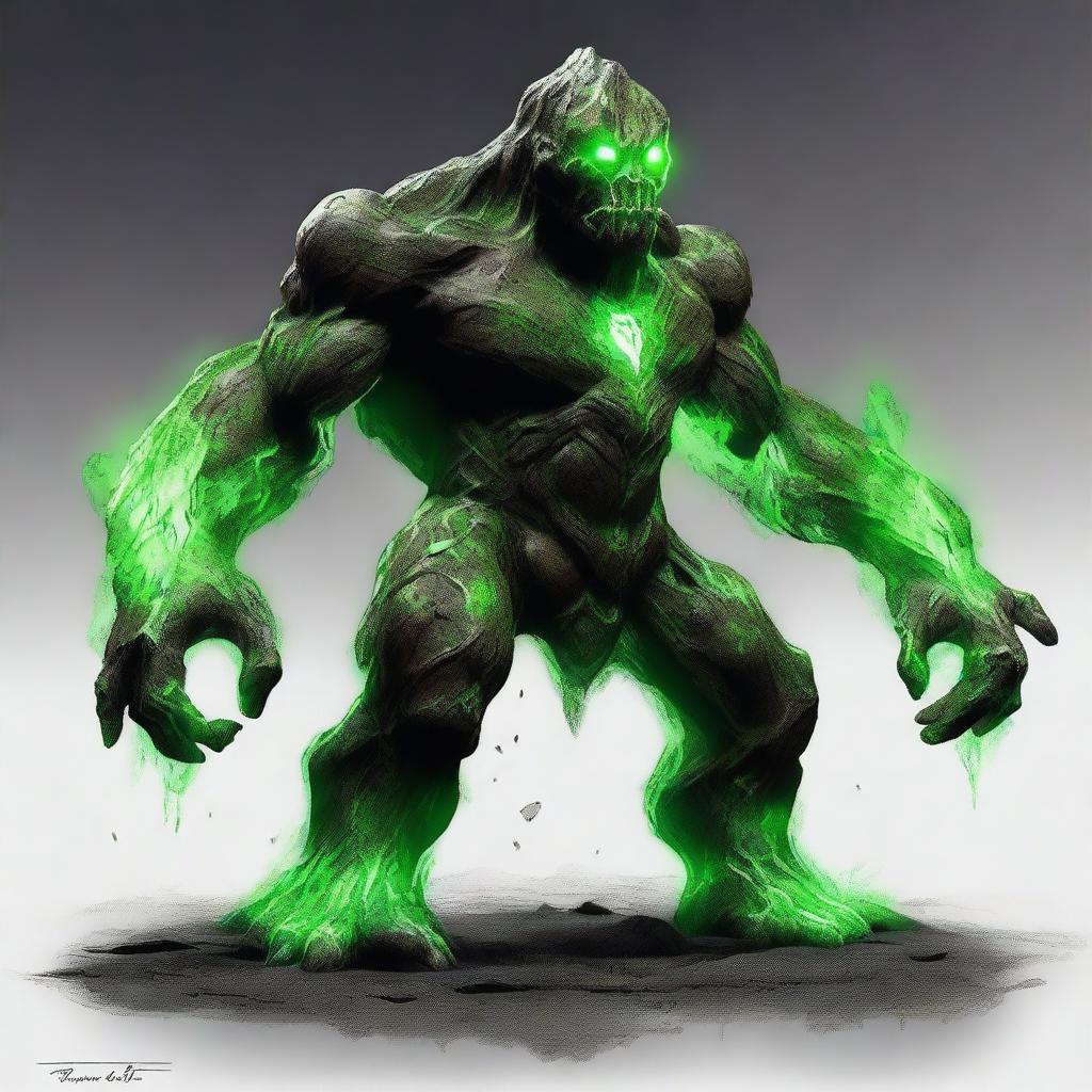 A full-body image of an earth elemental with two green eyes