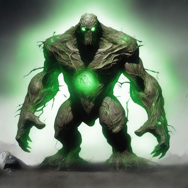 A full-body image of an earth elemental with two green eyes