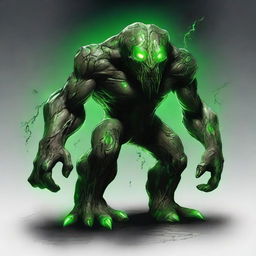 A full-body image of an earth elemental with two green eyes