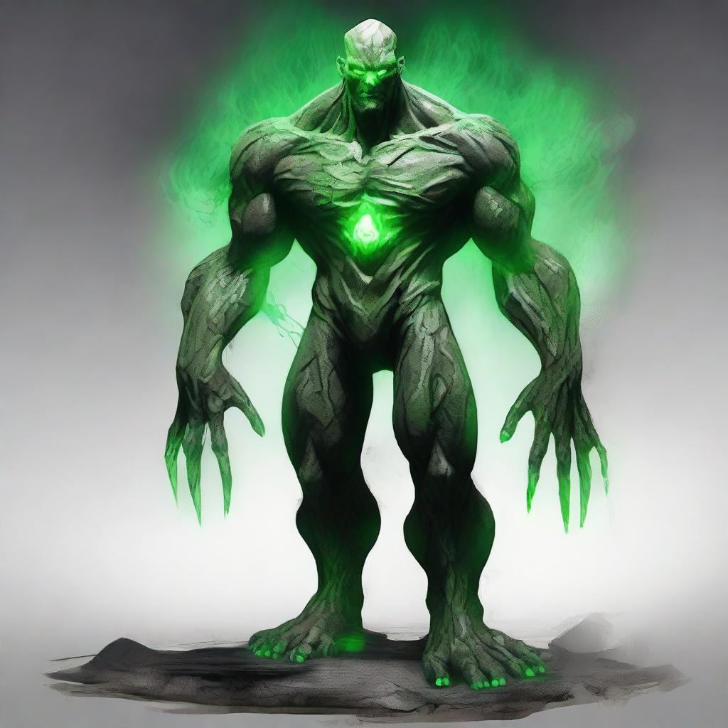 A full-body image of a humanistic earth elemental with two green eyes