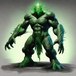 A full-body image of a humanistic earth elemental with two green eyes