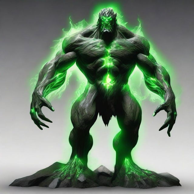 A full-body image of a humanistic earth elemental with two green eyes