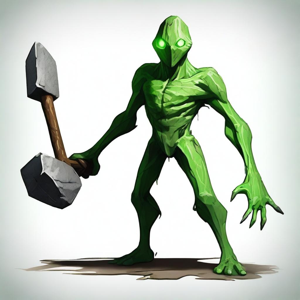 A full-body image of a skinny, humanistic earth elemental with two green eyes wielding a hammer