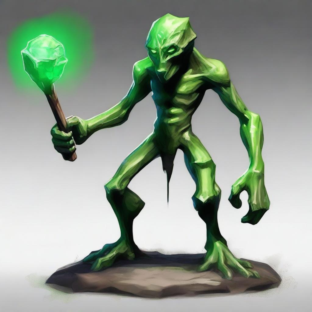 A full-body image of a skinny, humanistic earth elemental with two green eyes wielding a hammer