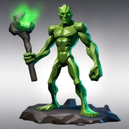 A full-body image of a skinny, humanistic earth elemental with two green eyes wielding a hammer