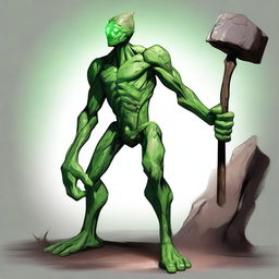 A full-body image of a skinny, humanistic earth elemental with two green eyes wielding a hammer