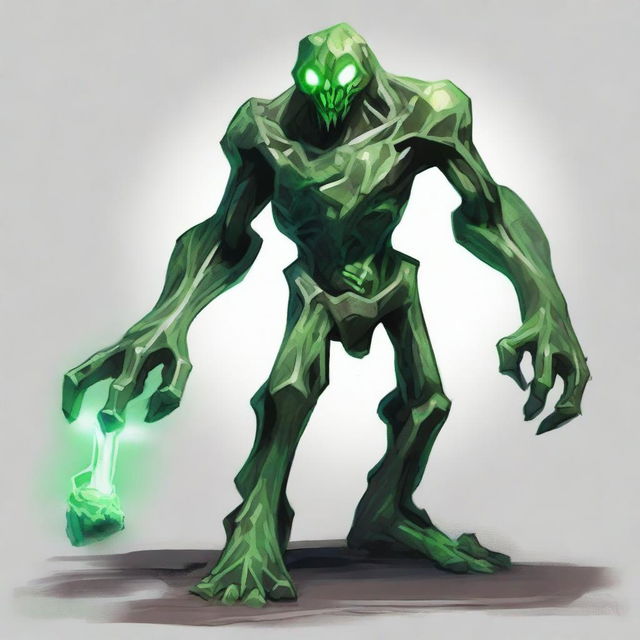 A full-body image of a skinny earth elemental with two green eyes wielding a hammer