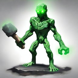 A full-body image of a skinny earth elemental with two green eyes wielding a hammer