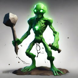 A full-body image of a skinny earth elemental with two green eyes wielding a hammer