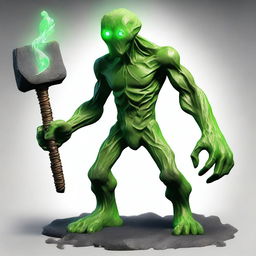 A full-body image of a skinny earth elemental with two green eyes wielding a hammer with both hands