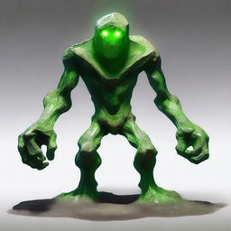 A full-body image of a skinny earth elemental with two green eyes wielding a hammer with both hands