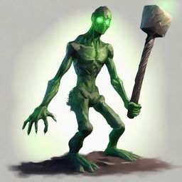 A full-body image of a skinny earth elemental with two green eyes wielding a hammer with both hands