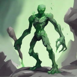 A full-body image of a skinny earth elemental with two green eyes wielding a hammer with both hands