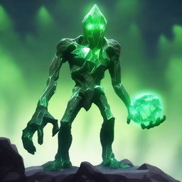 A full-body image of a skinny earth elemental with two green eyes wielding a hammer with both hands