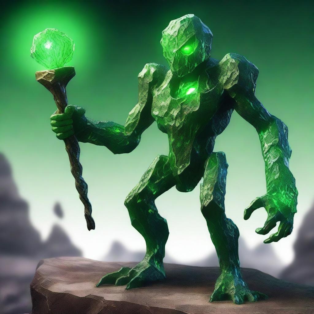 A full-body image of a skinny earth elemental with two green eyes wielding a hammer with both hands