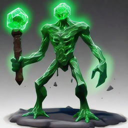 A full-body image of a skinny earth elemental with two green eyes wielding a hammer with both hands