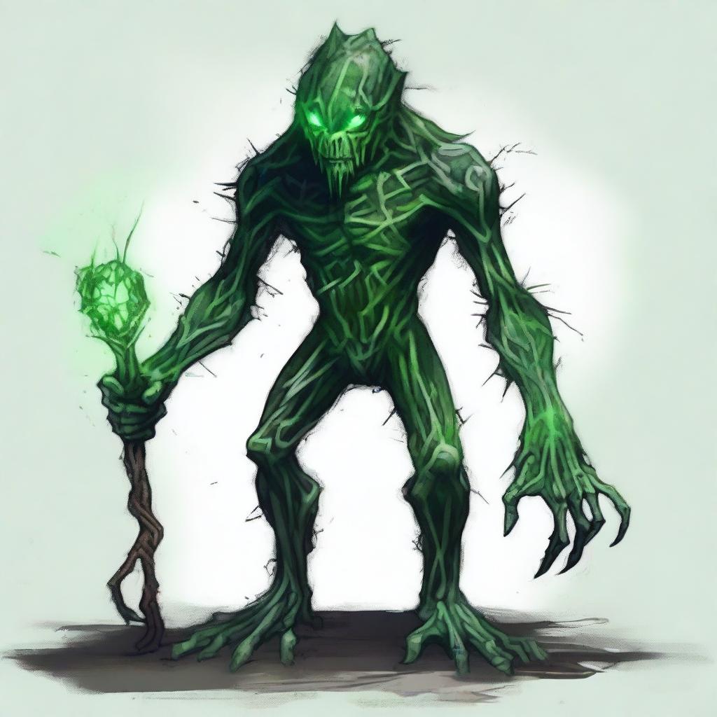 A full-body image of a skinny earth elemental with two green eyes, wielding a hammer with both hands