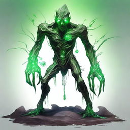 A full-body image of a skinny earth elemental with two green eyes, wielding a hammer with both hands