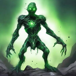 A full-body image of a skinny earth elemental with two green eyes, wielding a hammer with both hands