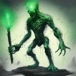 A full-body image of a skinny earth elemental with two green eyes, wielding a hammer with both hands