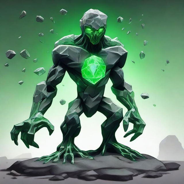 A full-body image of a skinny earth elemental made of rocks with two green eyes