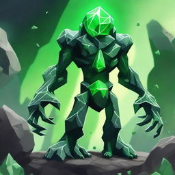 A full-body image of a skinny earth elemental made of rocks with two green eyes