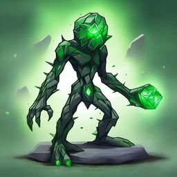 A full-body image of a skinny earth elemental made of rocks with two green eyes