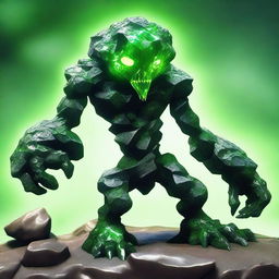 A full-body image of a skinny earth elemental made of rocks with two green eyes