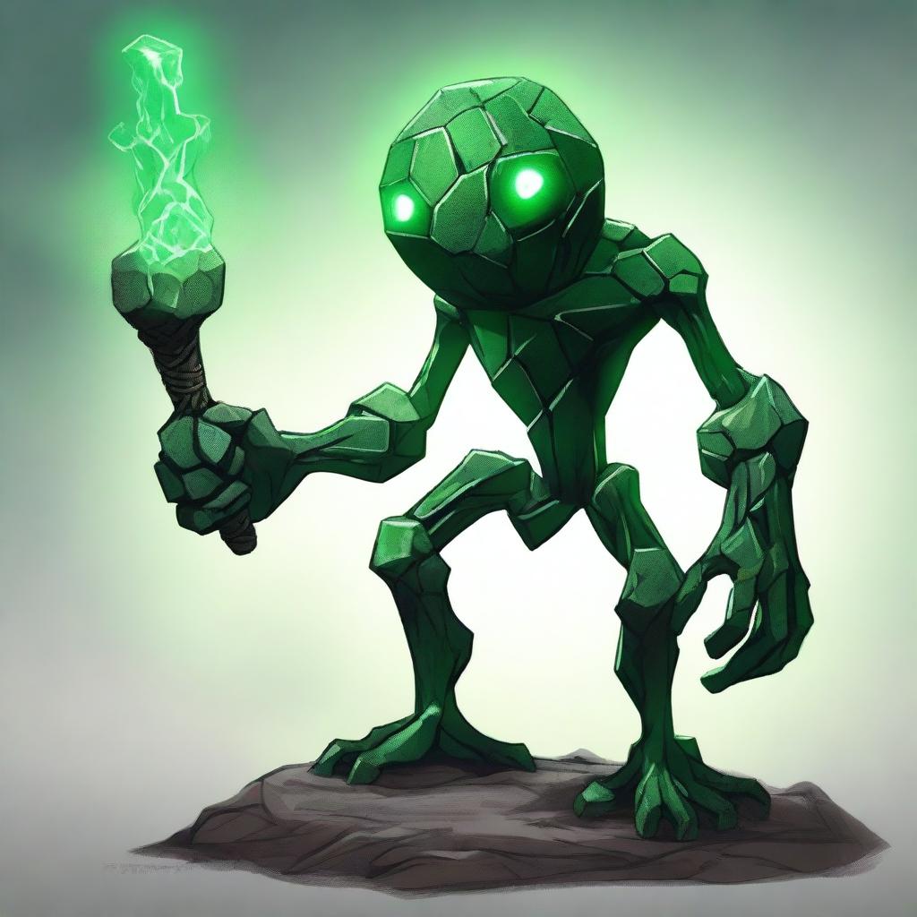 A full-body image of a skinny earth elemental made of rocks, with two green eyes, wielding a hammer with both hands