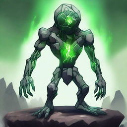 A full-body image of a skinny earth elemental made of rocks, with two green eyes, wielding a hammer with both hands